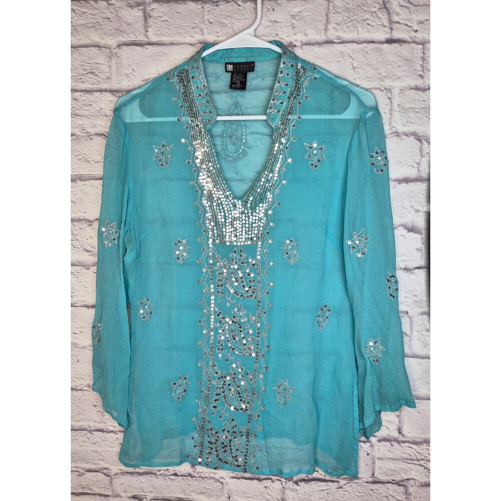 Vintage Carole Little Silk Sequin Embroidered Tunic Blouse Top Whimsigoth Y2K